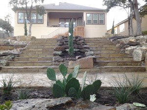Stone staircase, custome stonework, backyard landscape design, austin tx